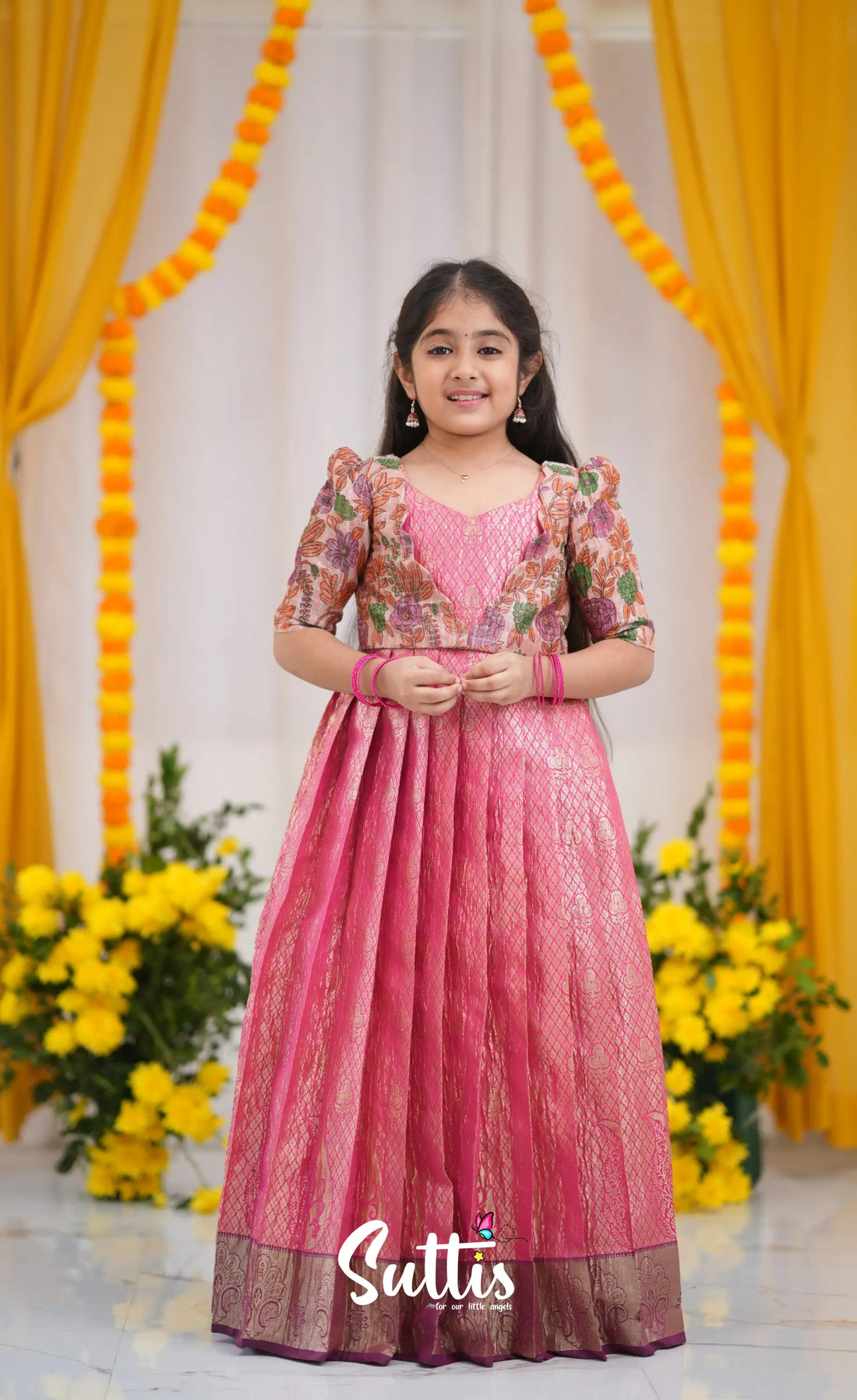 Maya Tissue Banarasi Long Gown - Pink and Magenta Kids-Suttis