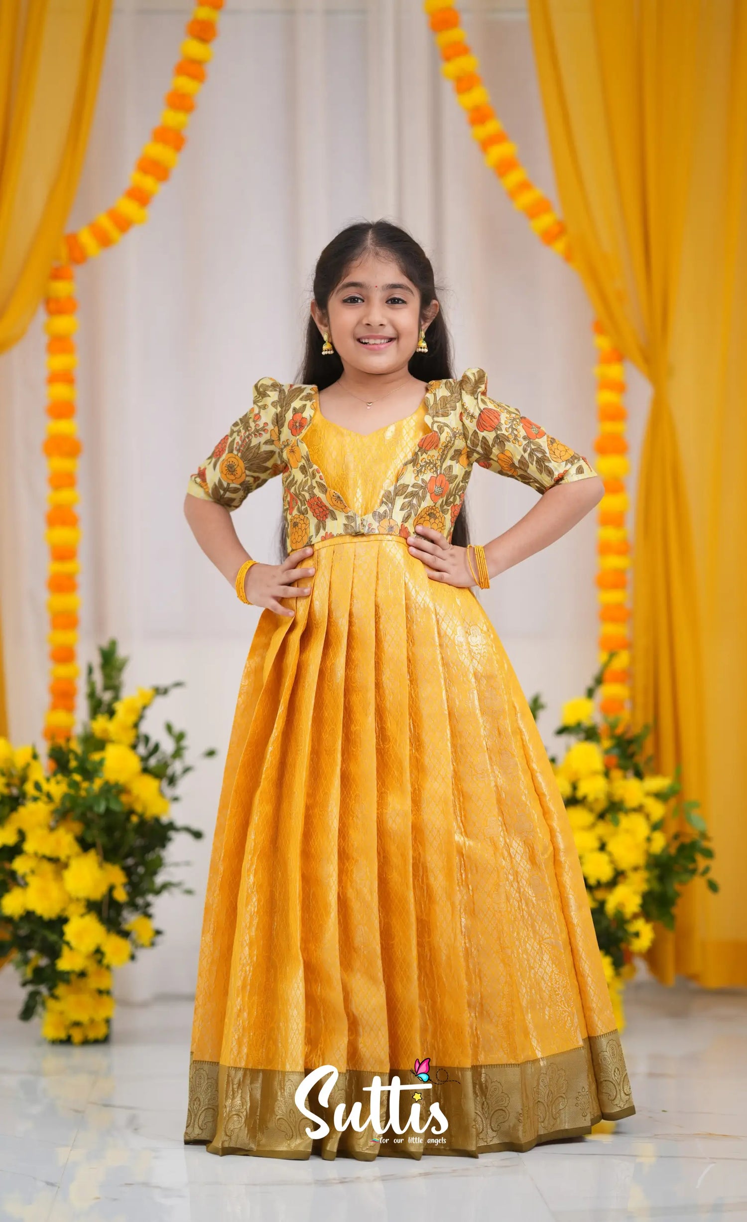 Maya Tissue Banarasi Long Gown - Yellow and Henna Mustard 14Y Maya Tissue Banarasi Long Gown - Yellow and Henna Mustard 14Y