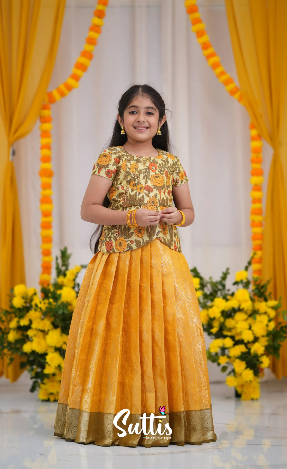 Maya Tissue Banarasi Long Gown - Yellow and Henna Mustard Kids-Suttis