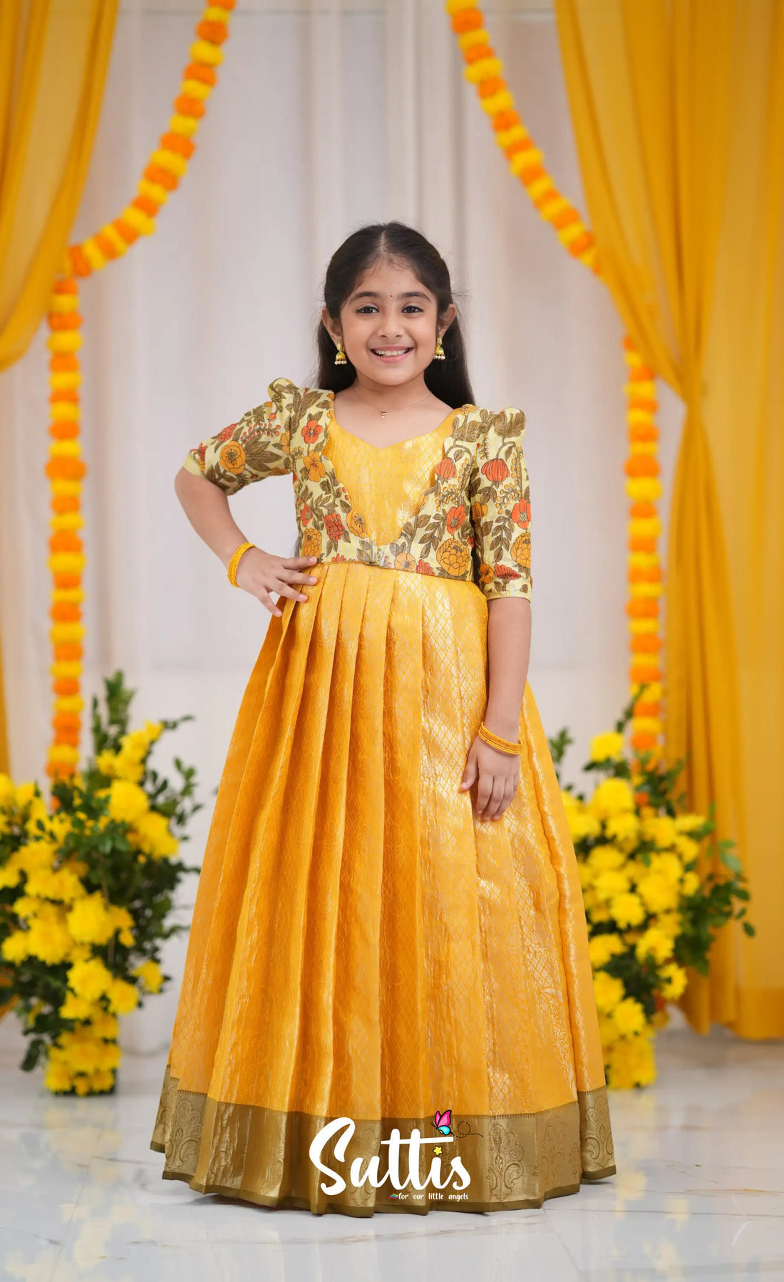 Maya Tissue Banarasi Long Gown - Yellow and Henna Mustard Kids-Suttis