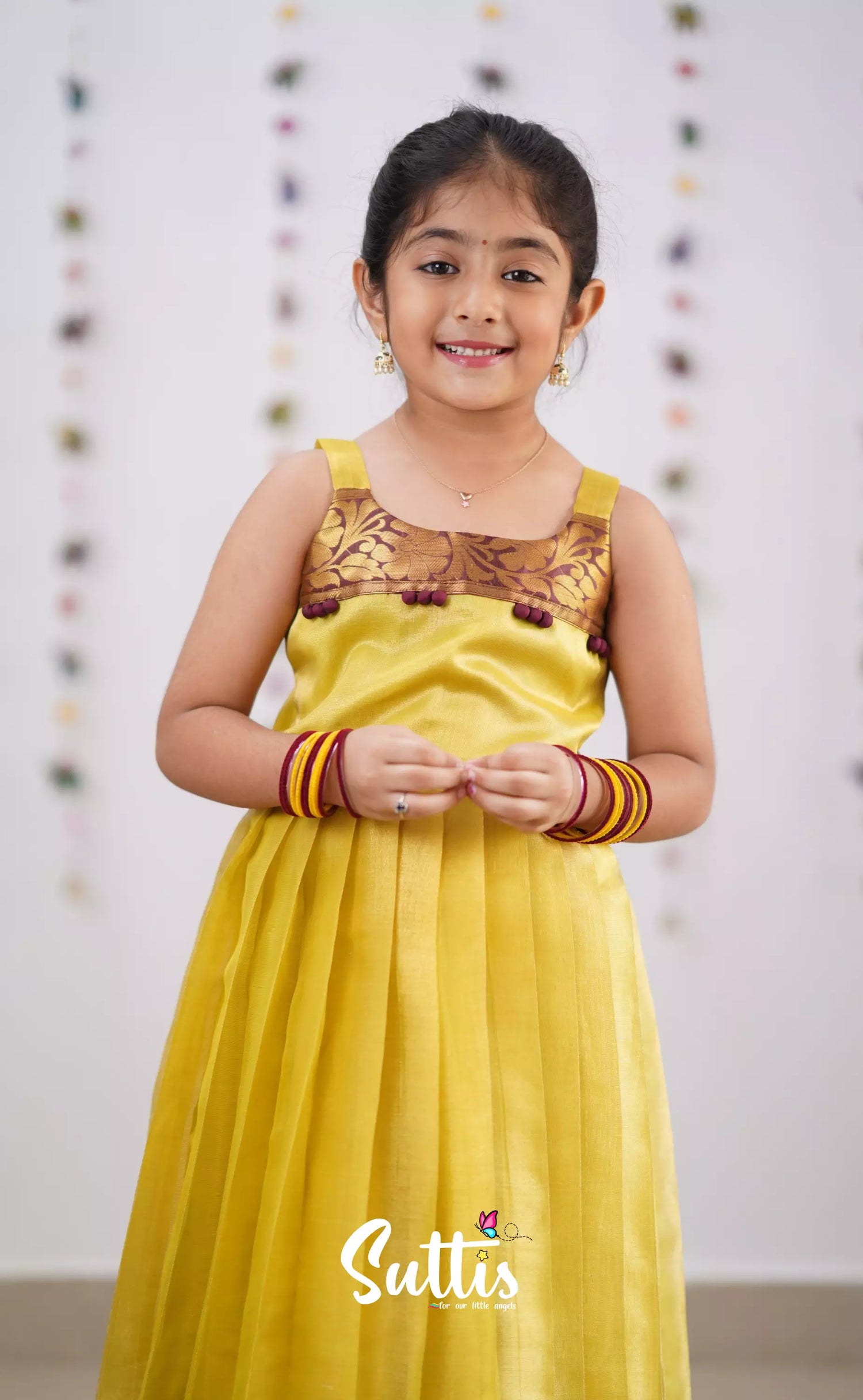 Maya Yellowish Green Shade And Brownish Maroon Tone Organza Gown Kids-Suttis