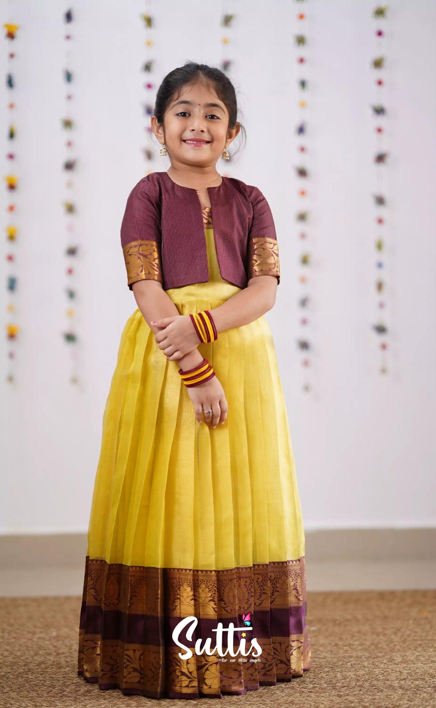 Maya Yellowish Green Shade And Brownish Maroon Tone Organza Gown Kids-Suttis