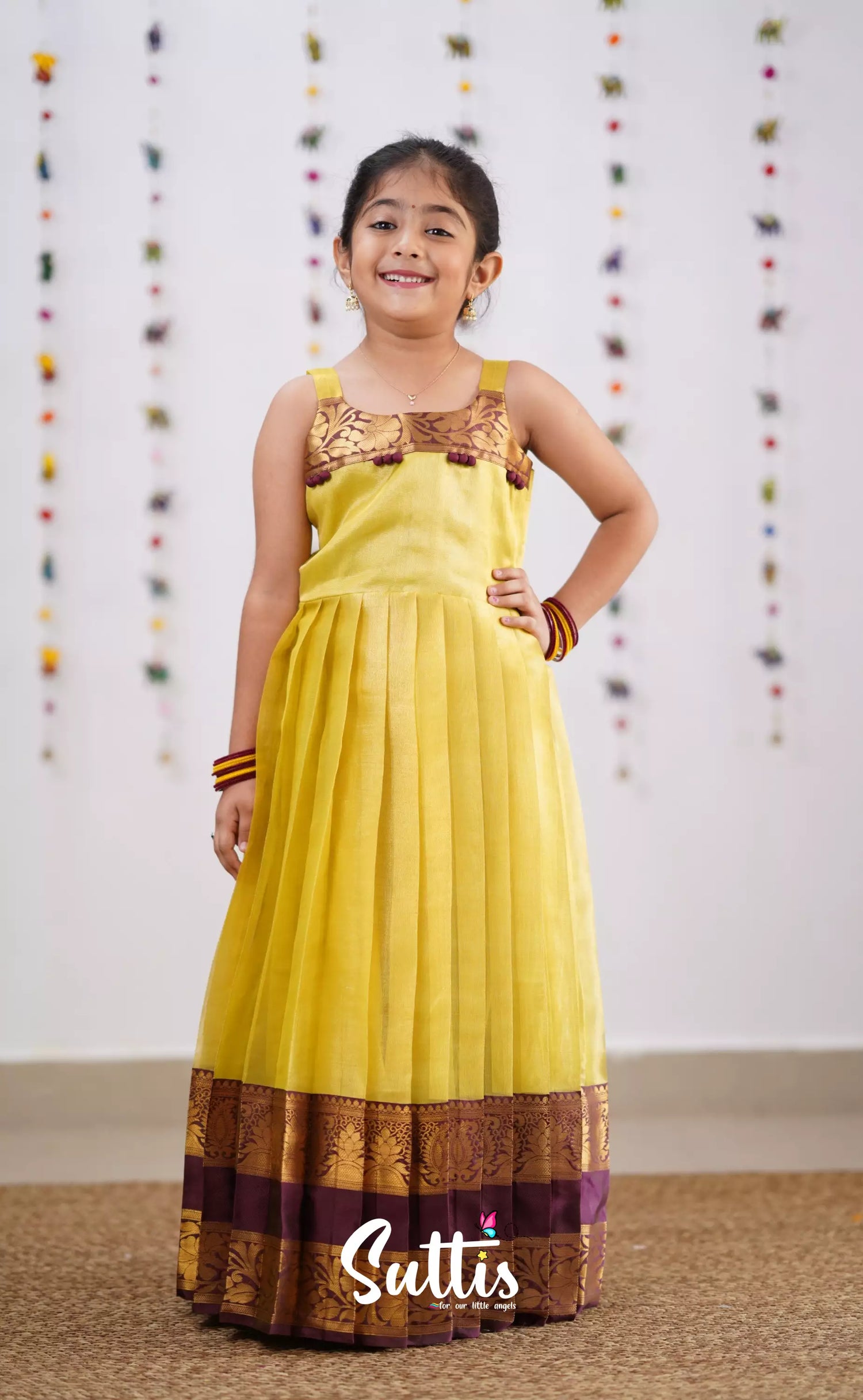 Maya Yellowish Green Shade And Brownish Maroon Tone Organza Gown Kids-Suttis