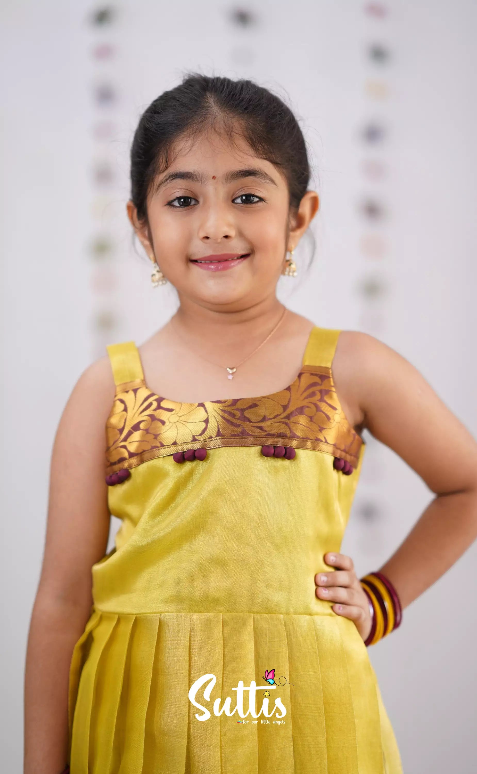 Maya Yellowish Green Shade And Brownish Maroon Tone Organza Gown Kids-Suttis