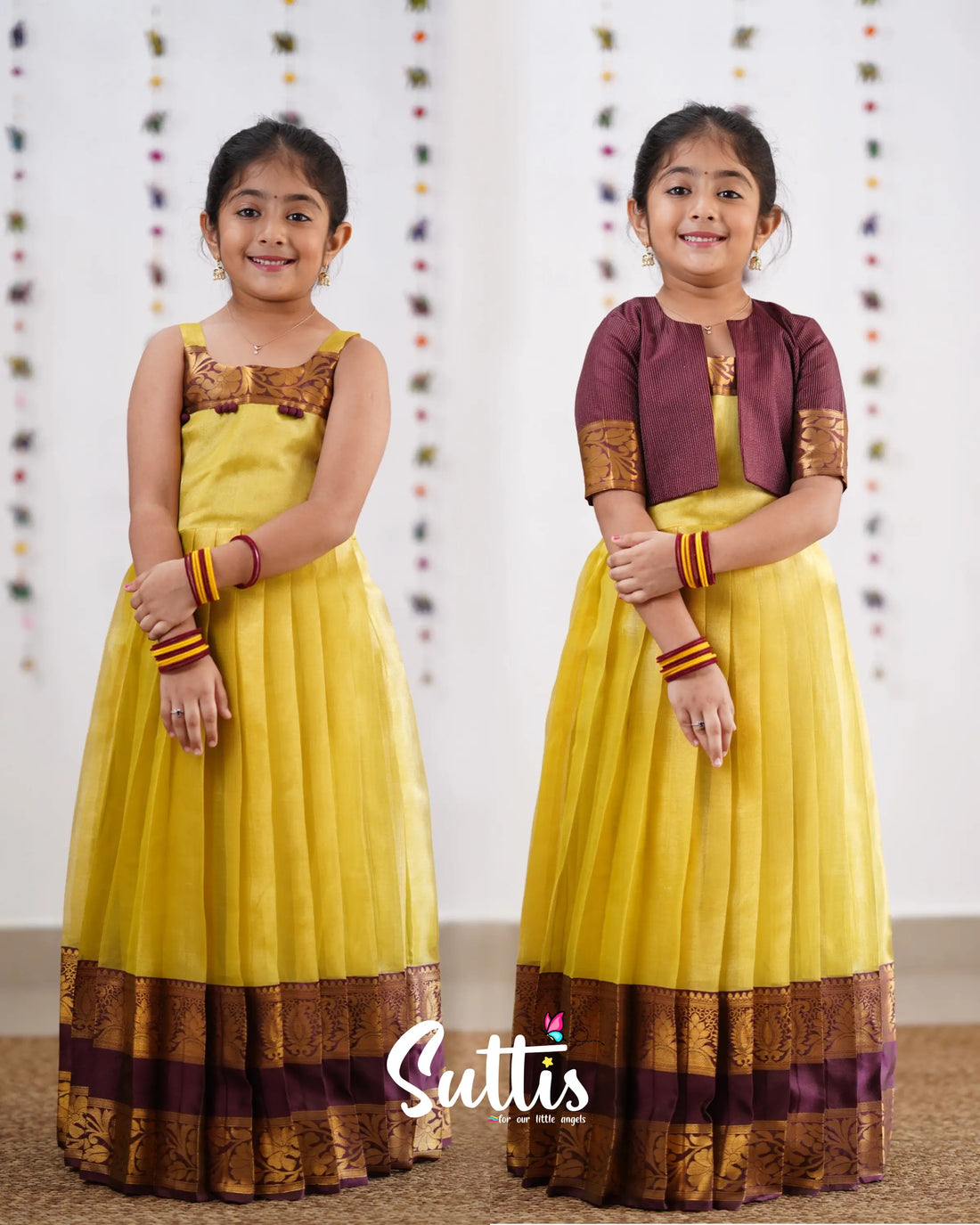 Maya Yellowish Green Shade And Brownish Maroon Tone Organza Gown Kids-Suttis