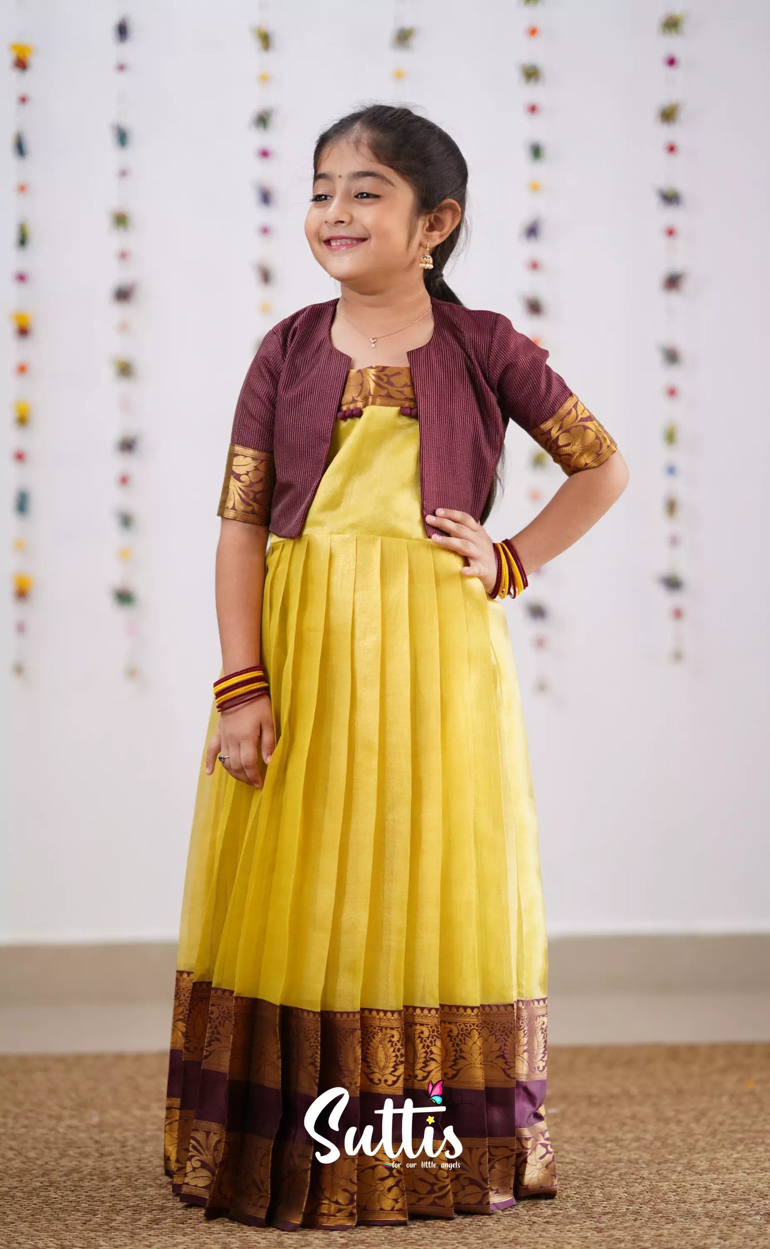 Maya Yellowish Green Shade And Brownish Maroon Tone Organza Gown Kids-Suttis