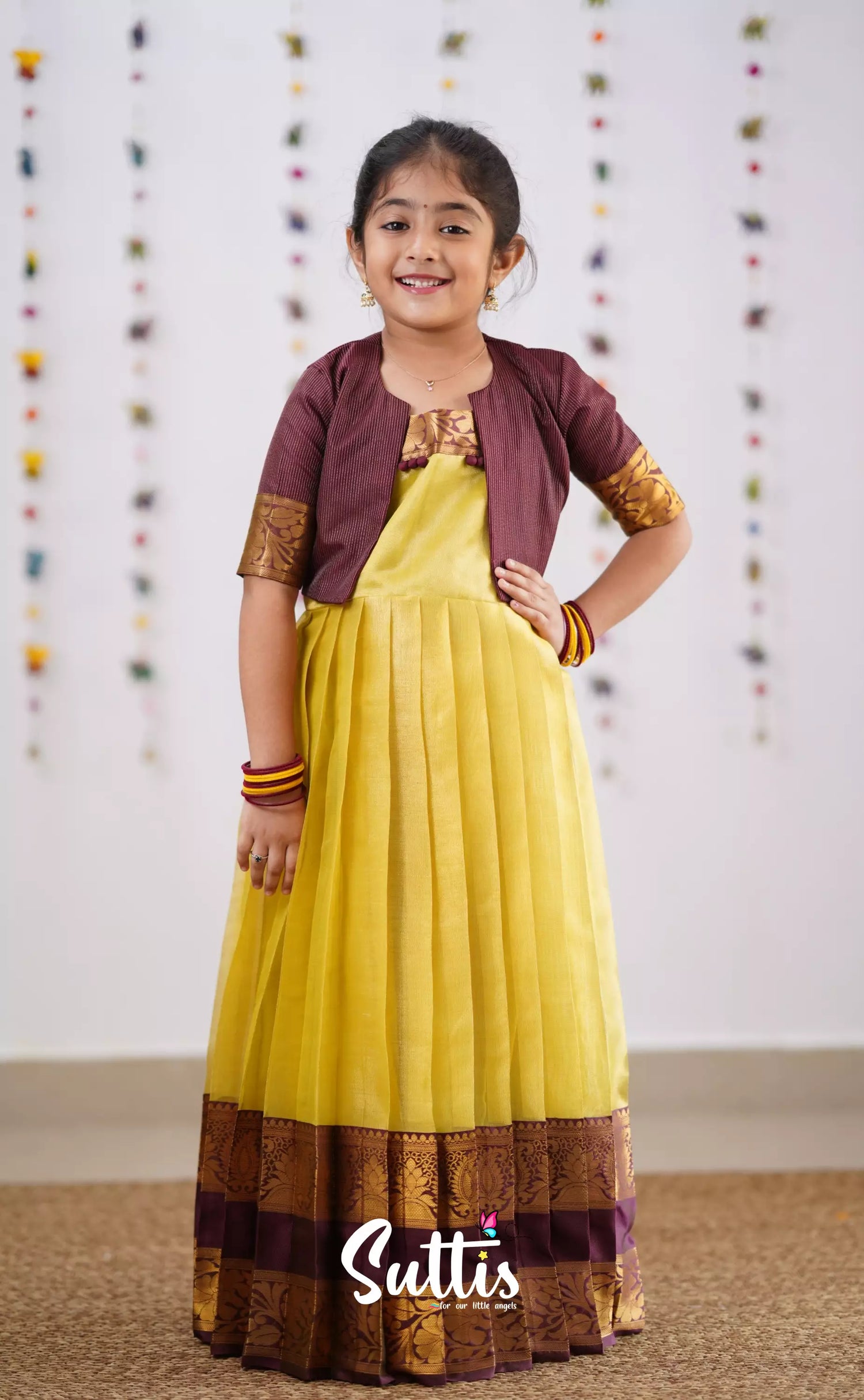 Maya Yellowish Green Shade And Brownish Maroon Tone Organza Gown Kids-Suttis