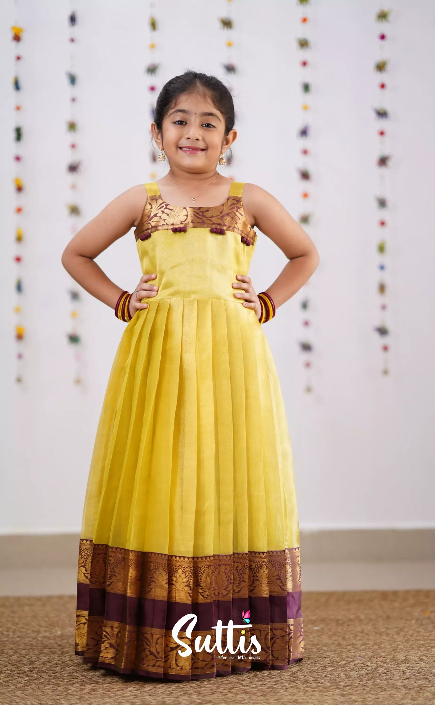 Maya Yellowish Green Shade And Brownish Maroon Tone Organza Gown Kids-Suttis