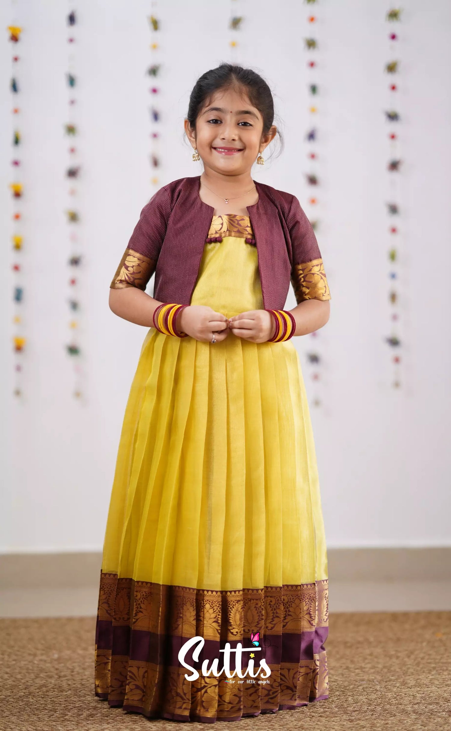 Maya Yellowish Green Shade And Brownish Maroon Tone Organza Gown Kids-Suttis