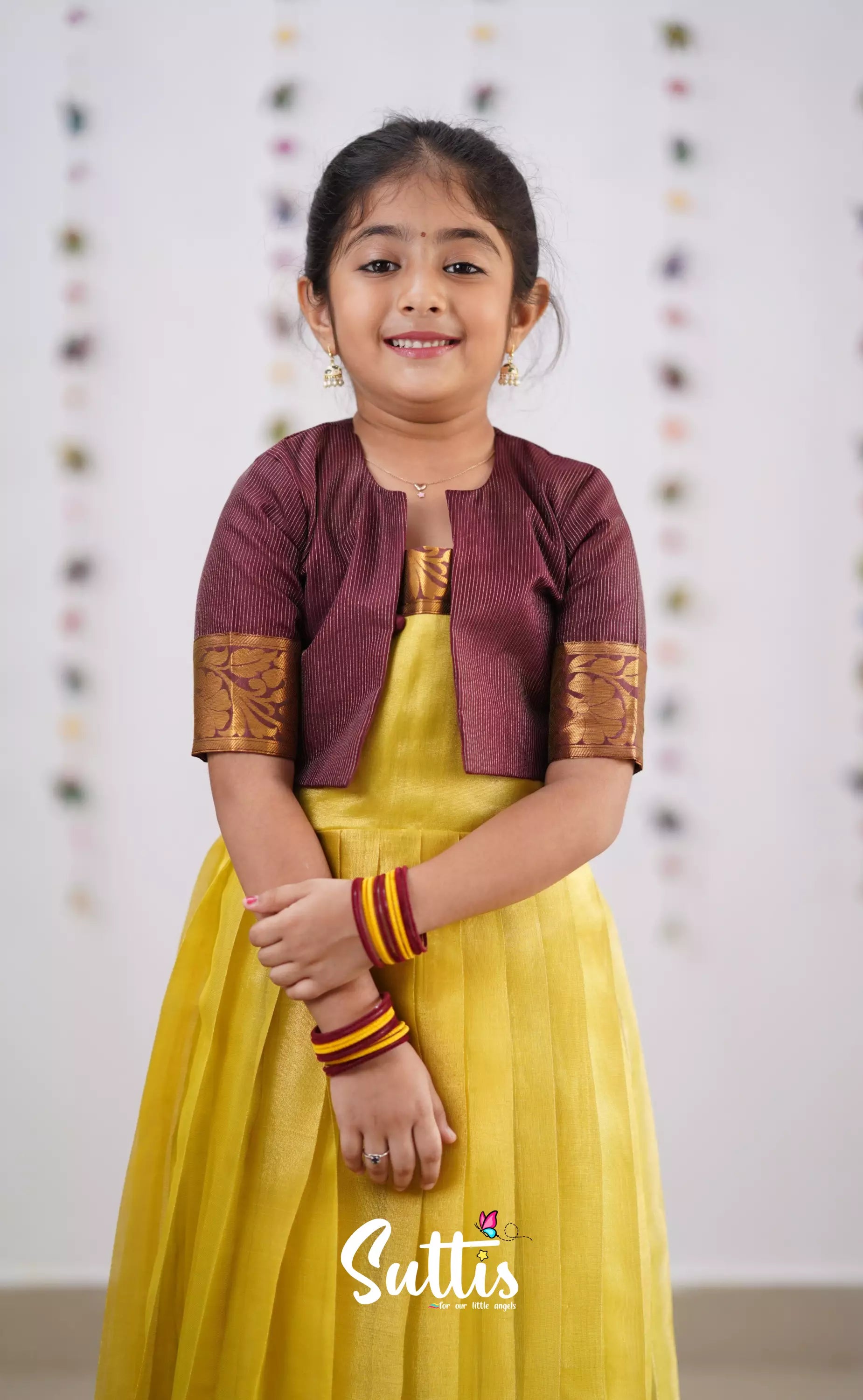 Maya Yellowish Green Shade And Brownish Maroon Tone Organza Gown Kids-Suttis