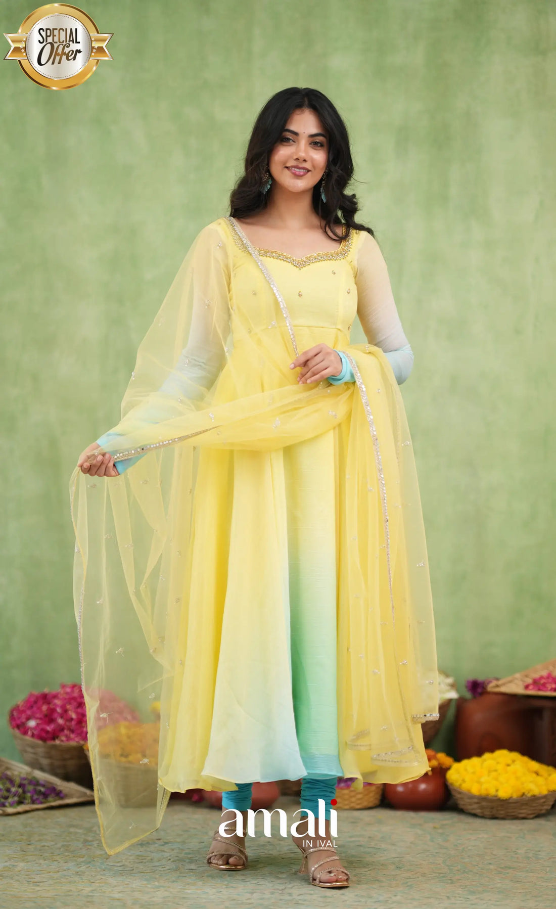 Mayili Crushed Tissue Anarkali with aari handwork- Yellow to Sky Blue Ombre - Anarkalis