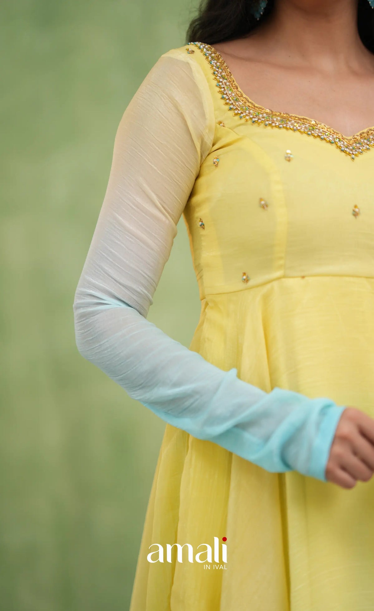 Mayili Crushed Tissue Anarkali with aari handwork- Yellow to Sky Blue Ombre - Anarkalis