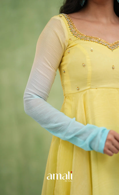 Mayili Crushed Tissue Anarkali with aari handwork- Yellow to Sky Blue Ombre - Anarkalis