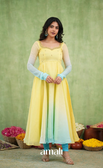 Mayili Crushed Tissue Anarkali with aari handwork- Yellow to Sky Blue Ombre - Anarkalis