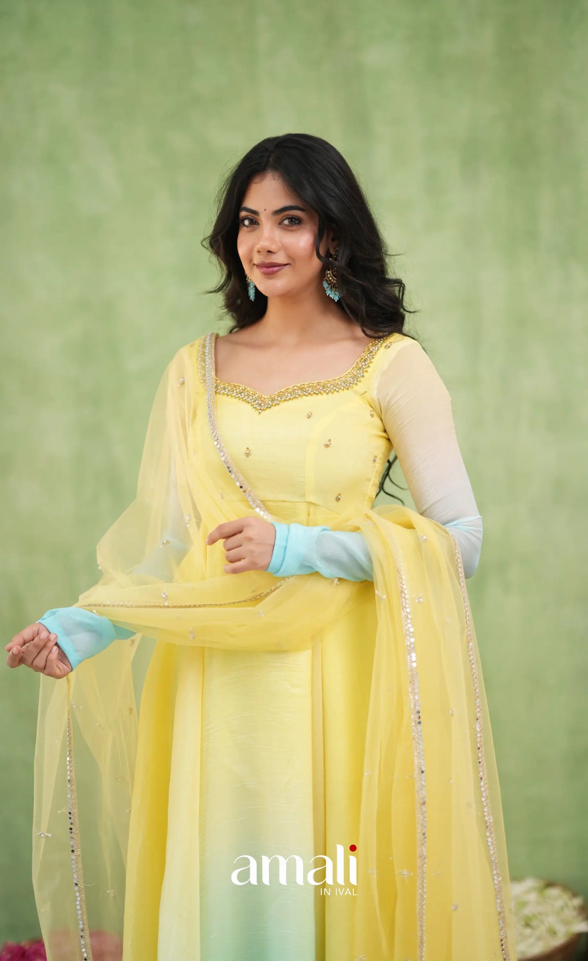 Mayili Crushed Tissue Anarkali with aari handwork- Yellow to Sky Blue Ombre - Anarkalis