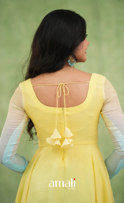 Mayili Crushed Tissue Anarkali with aari handwork- Yellow to Sky Blue Ombre - Anarkalis