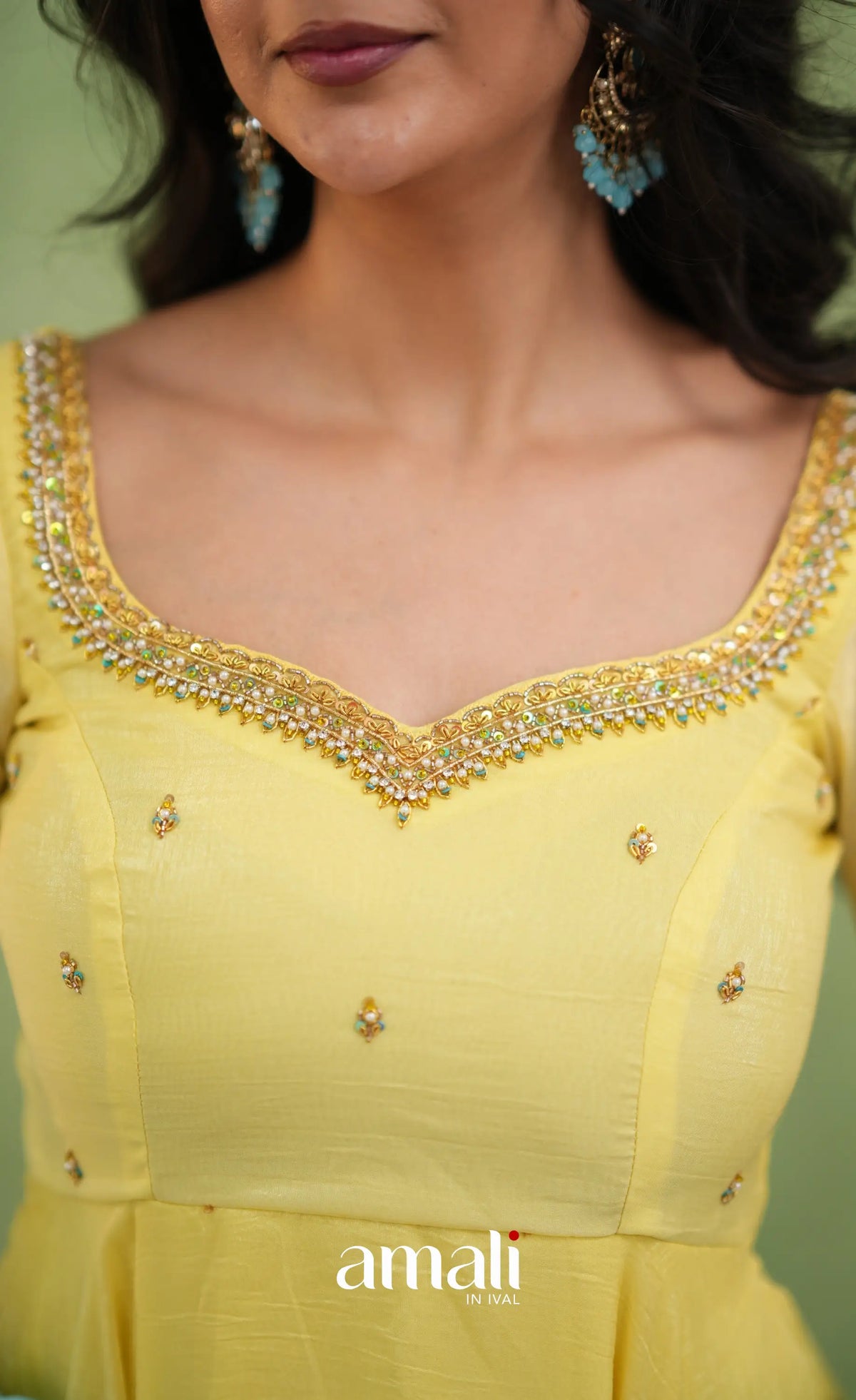 Mayili Crushed Tissue Anarkali with aari handwork- Yellow to Sky Blue Ombre - Anarkalis