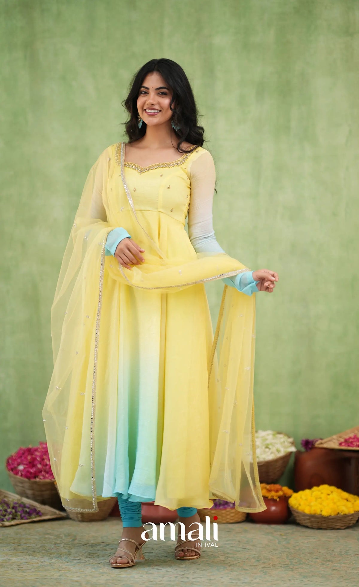 Mayili Crushed Tissue Anarkali with aari handwork- Yellow to Sky Blue Ombre - Anarkalis