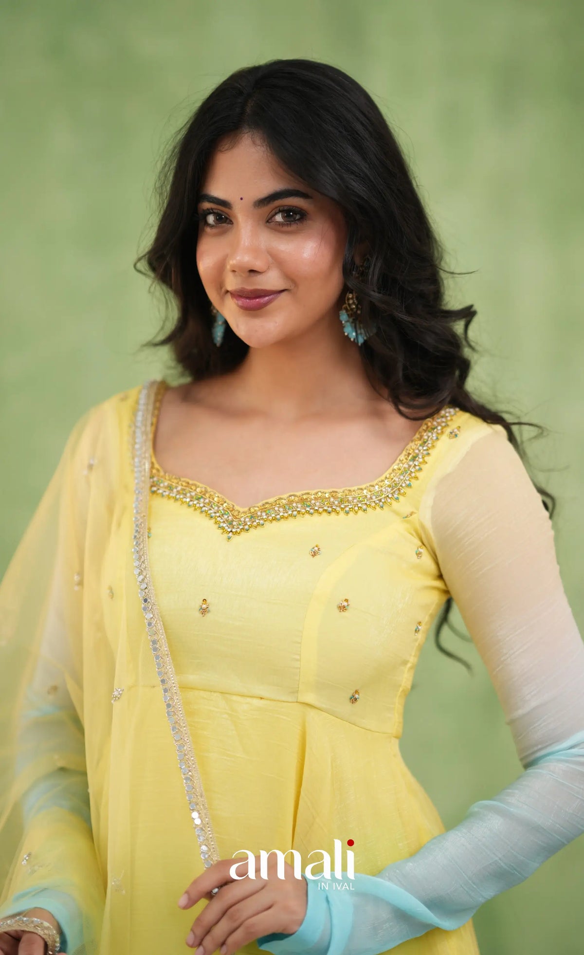 Mayili Crushed Tissue Anarkali with aari handwork- Yellow to Sky Blue Ombre - Anarkalis
