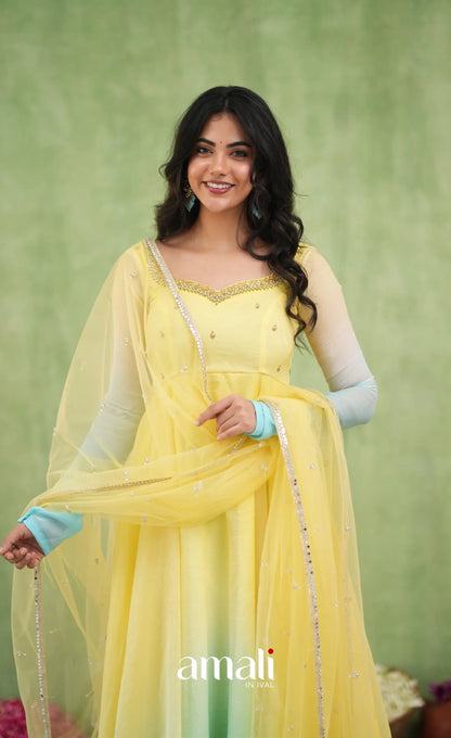 Mayili Crushed Tissue Anarkali with aari handwork- Yellow to Sky Blue Ombre - Anarkalis