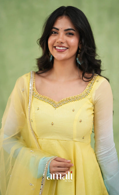 Mayili Crushed Tissue Anarkali with aari handwork- Yellow to Sky Blue Ombre - Anarkalis