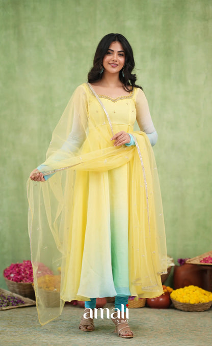 Mayili Crushed Tissue Anarkali with aari handwork- Yellow to Sky Blue Ombre - Anarkalis