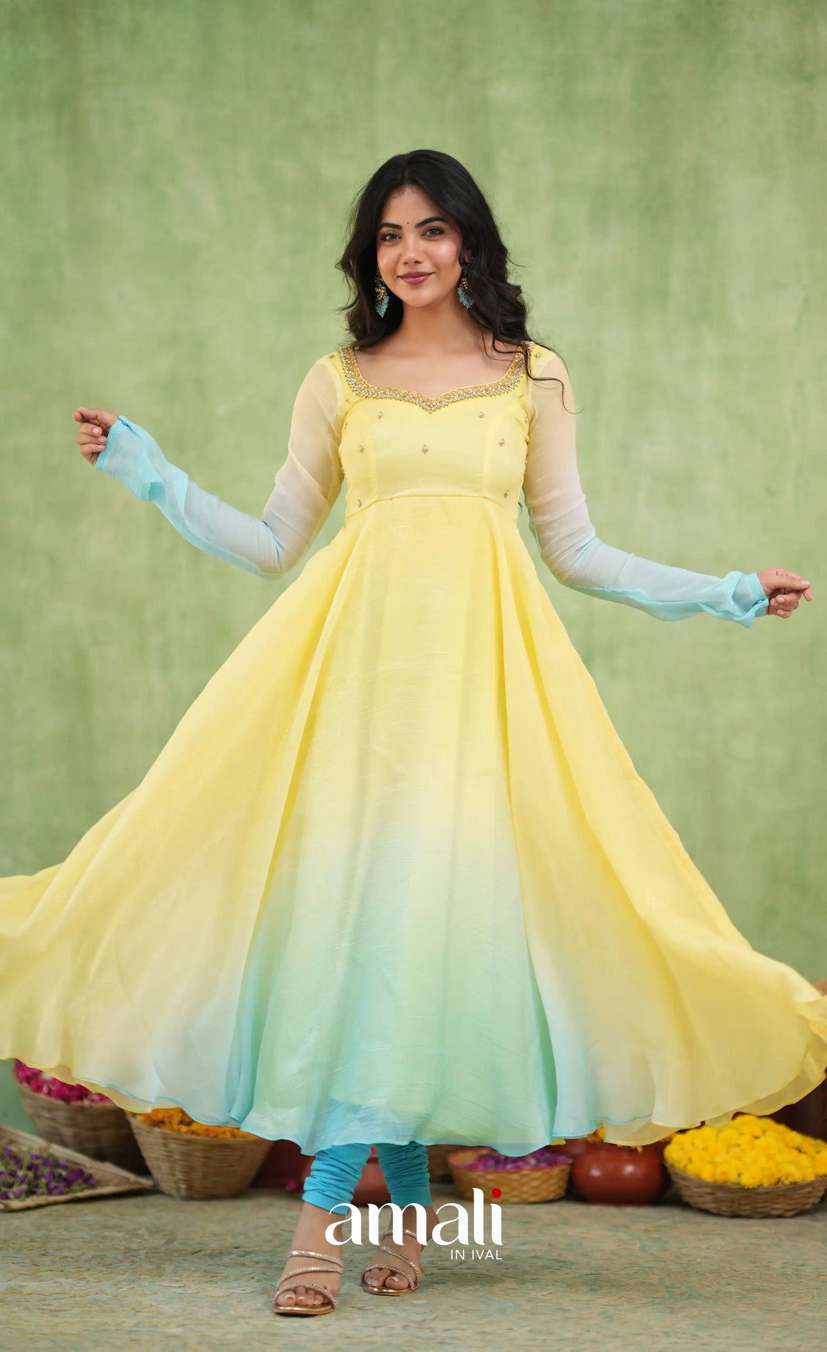 Mayili Crushed Tissue Anarkali with aari handwork- Yellow to Sky Blue Ombre - Anarkalis