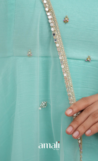 Mayili Crushed Tissue Anarkali with aari - Sea Green to Lilac Pink Ombre - Anarkalis