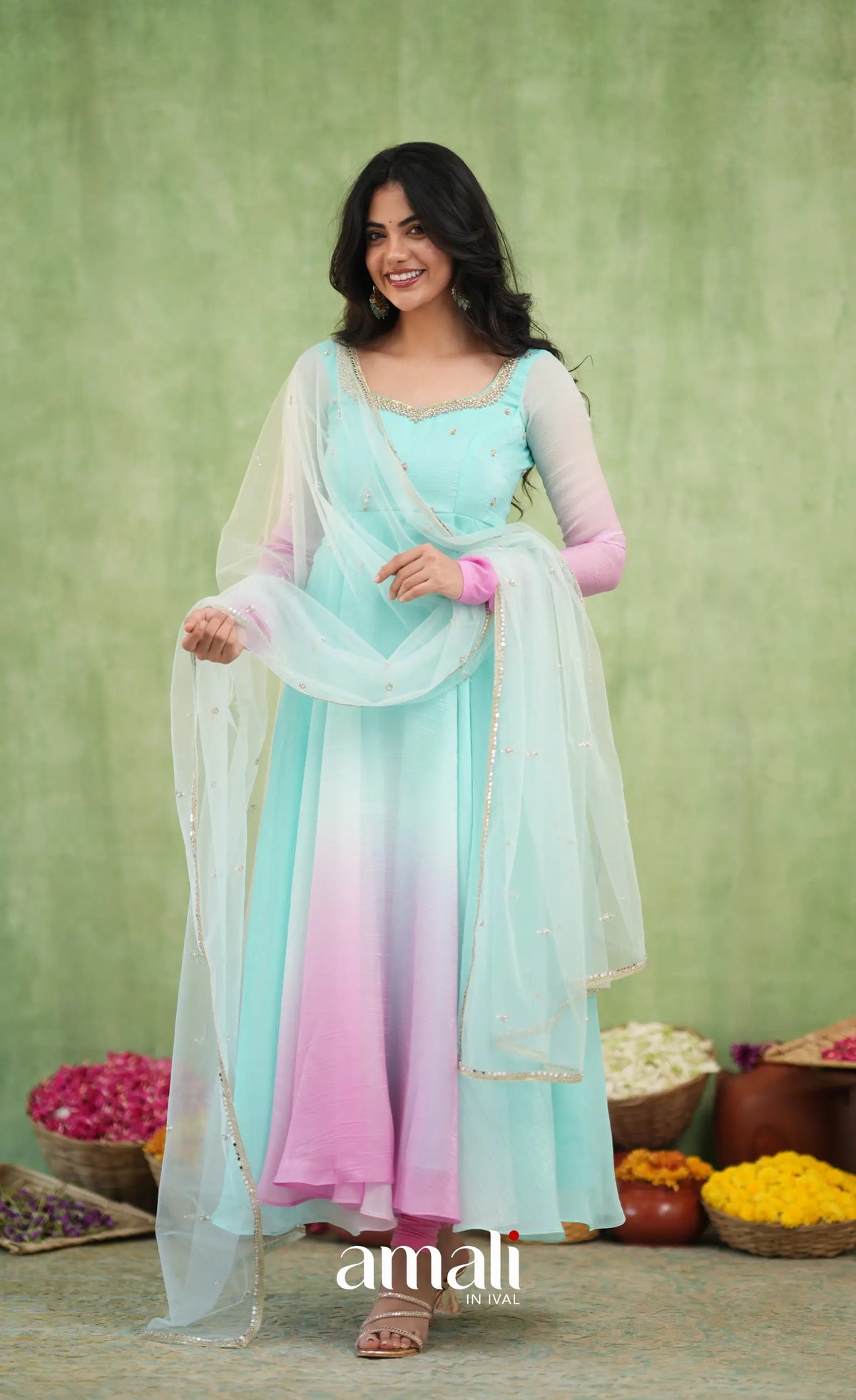 Mayili Crushed Tissue Anarkali with aari - Sea Green to Lilac Pink Ombre - Anarkalis