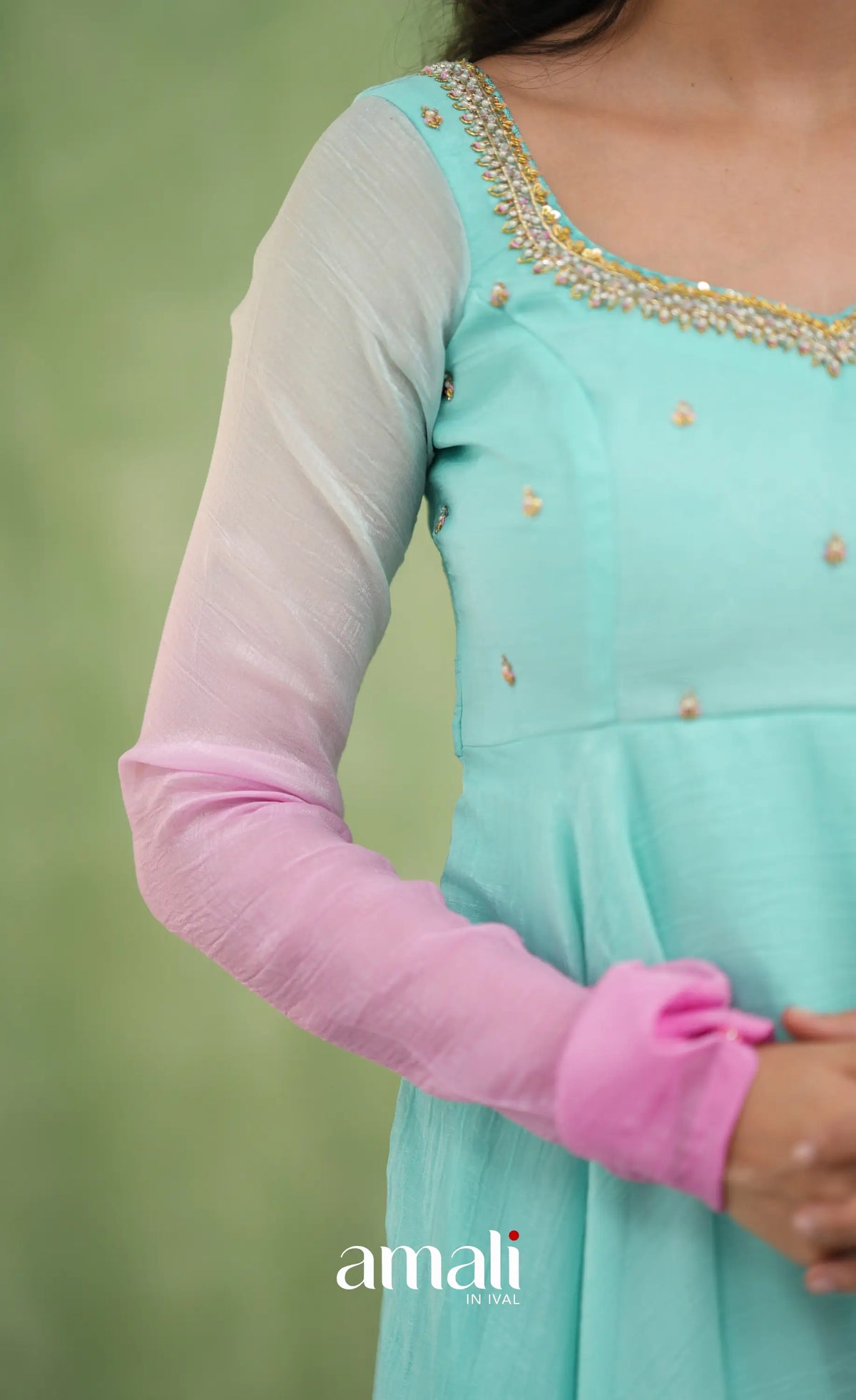 Mayili Crushed Tissue Anarkali with aari - Sea Green to Lilac Pink Ombre - Anarkalis