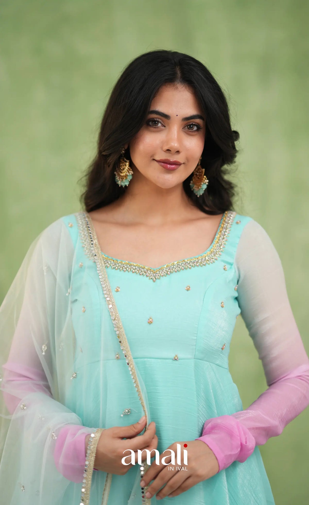 Mayili Crushed Tissue Anarkali with aari - Sea Green to Lilac Pink Ombre - Anarkalis
