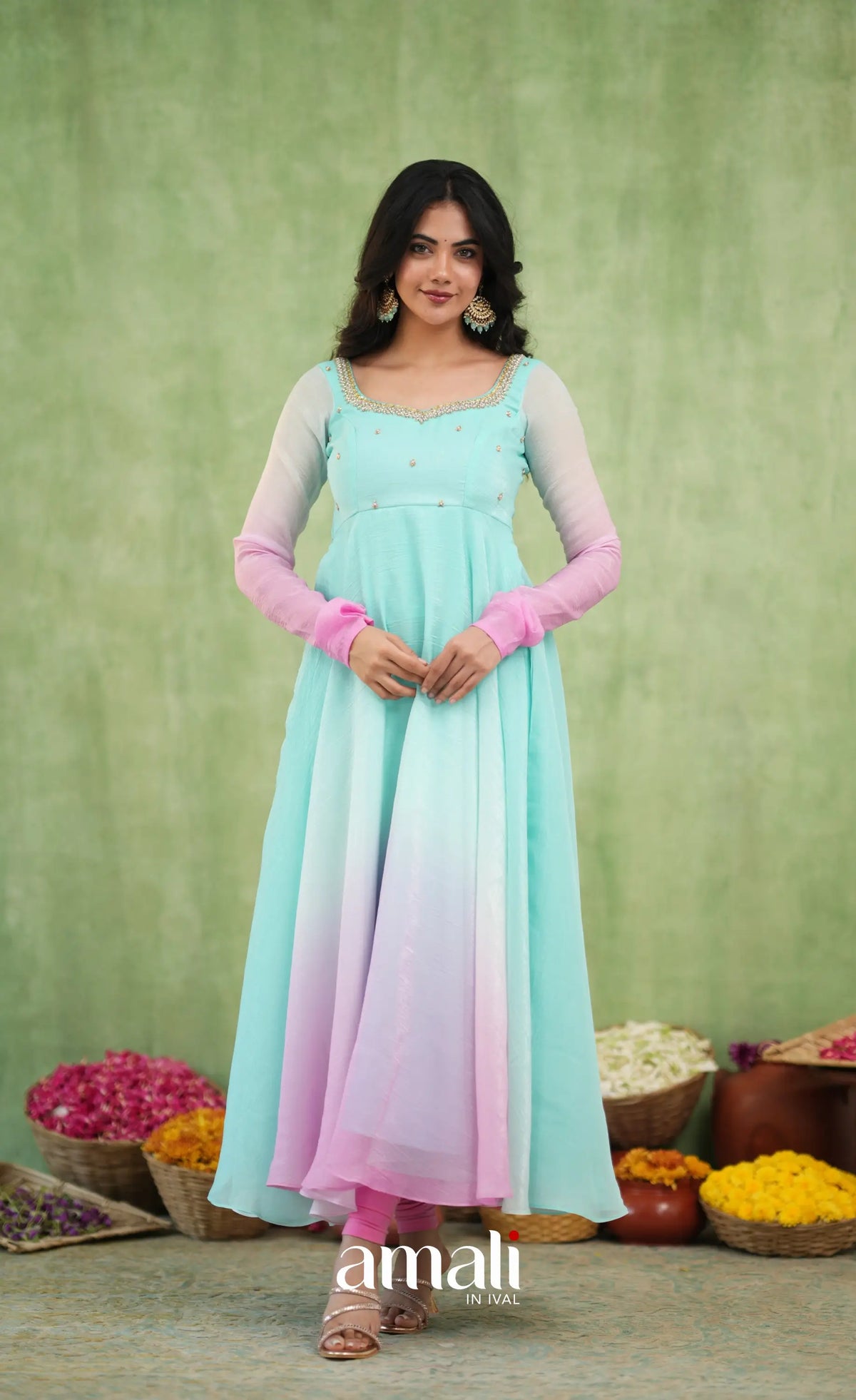 Mayili Crushed Tissue Anarkali with aari - Sea Green to Lilac Pink Ombre - Anarkalis