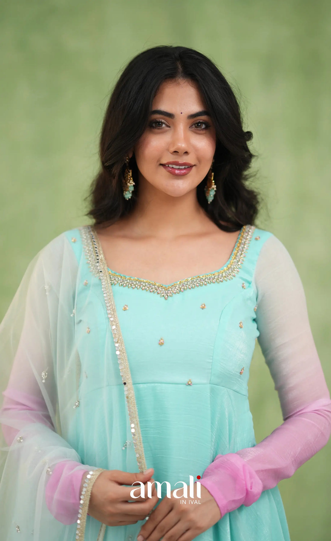 Mayili Crushed Tissue Anarkali with aari - Sea Green to Lilac Pink Ombre - Anarkalis