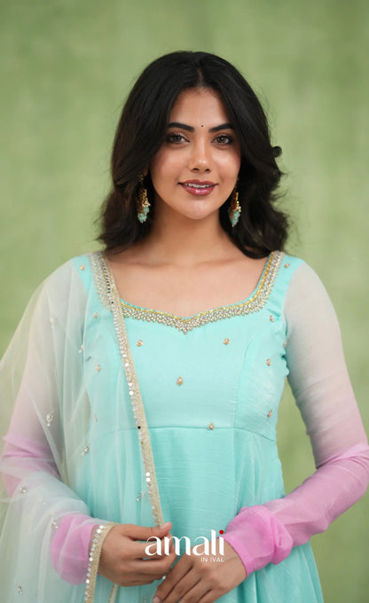 Mayili Crushed Tissue Anarkali with aari - Sea Green to Lilac Pink Ombre - Anarkalis
