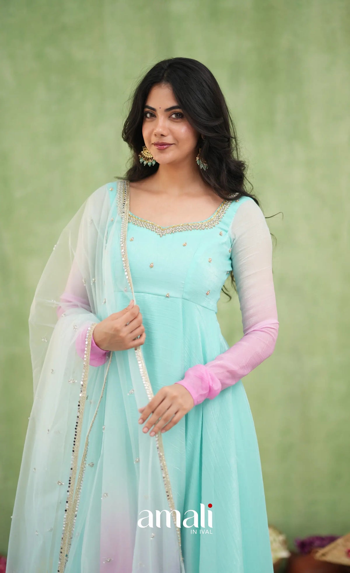 Mayili Crushed Tissue Anarkali with aari - Sea Green to Lilac Pink Ombre - Anarkalis
