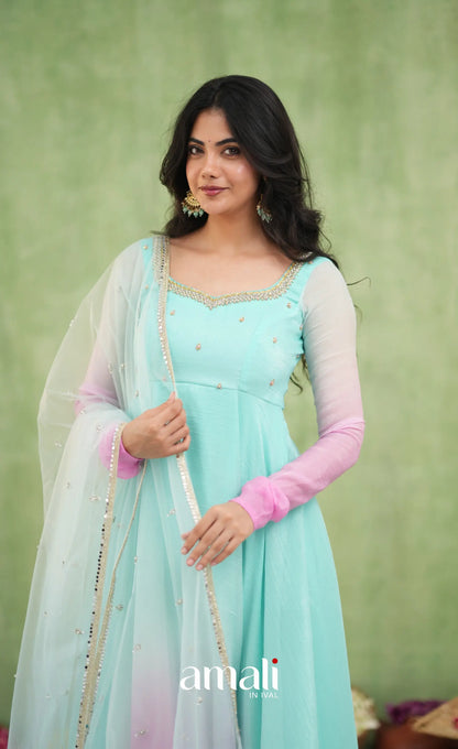 Mayili Crushed Tissue Anarkali with aari - Sea Green to Lilac Pink Ombre - Anarkalis