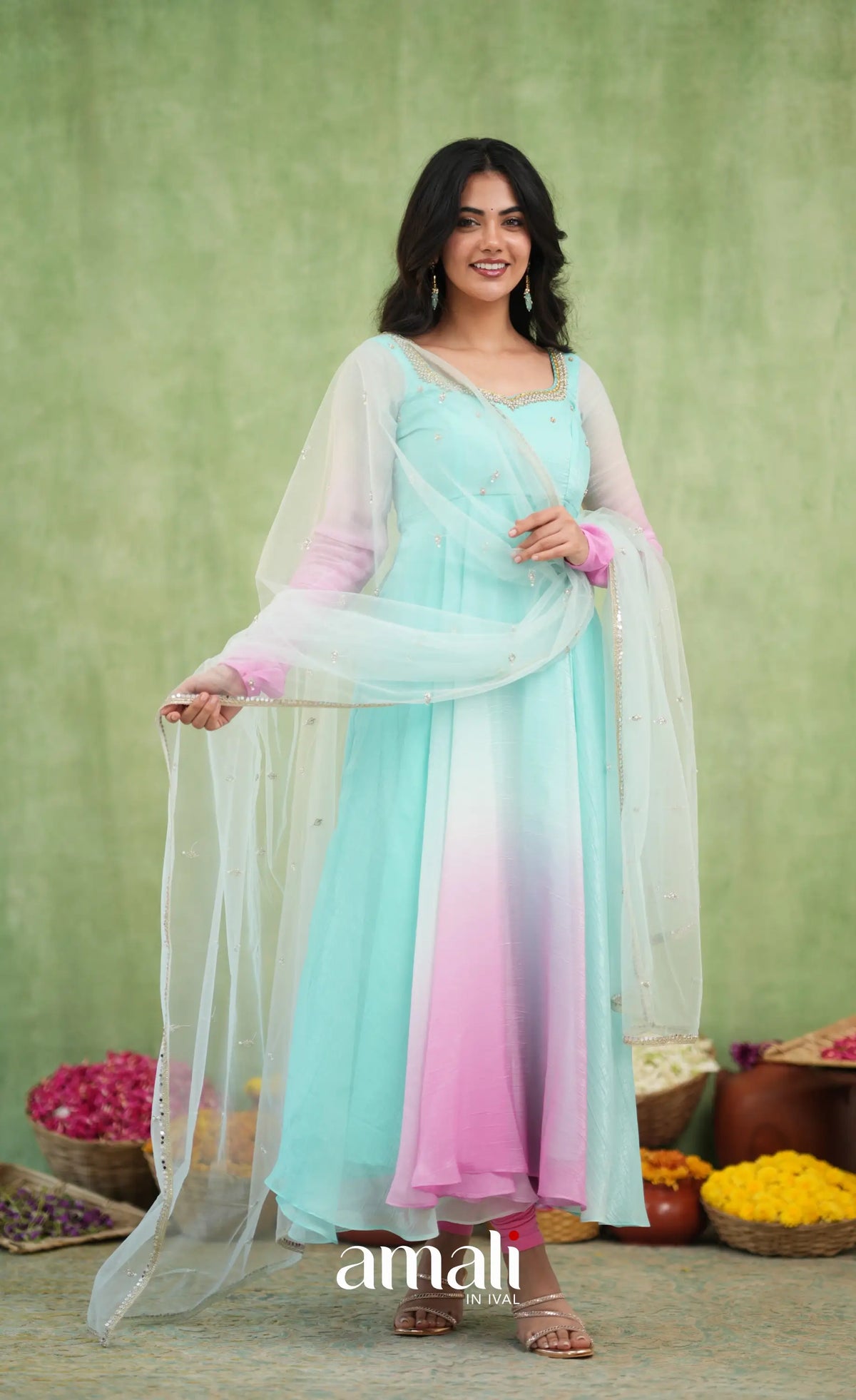 Mayili Crushed Tissue Anarkali with aari - Sea Green to Lilac Pink Ombre - Anarkalis