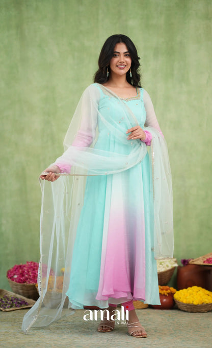 Mayili Crushed Tissue Anarkali with aari - Sea Green to Lilac Pink Ombre - Anarkalis