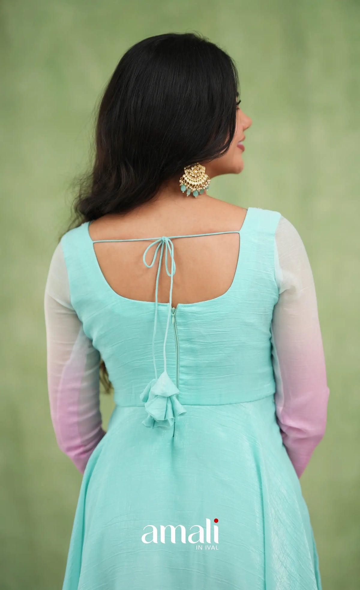 Mayili Crushed Tissue Anarkali with aari - Sea Green to Lilac Pink Ombre - Anarkalis
