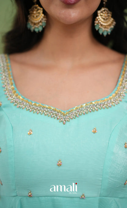 Mayili Crushed Tissue Anarkali with aari - Sea Green to Lilac Pink Ombre - Anarkalis