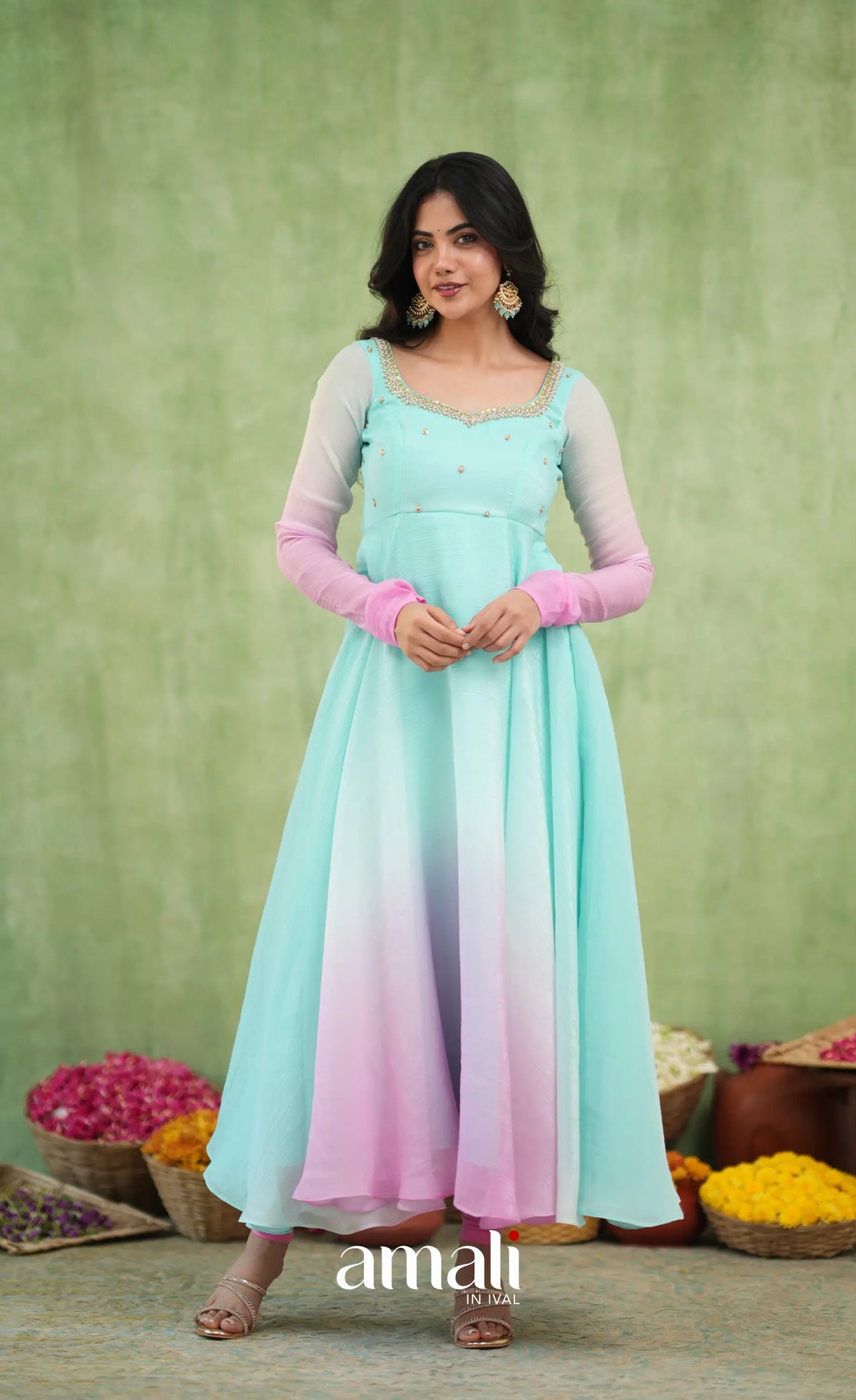 Mayili Crushed Tissue Anarkali with aari - Sea Green to Lilac Pink Ombre - Anarkalis