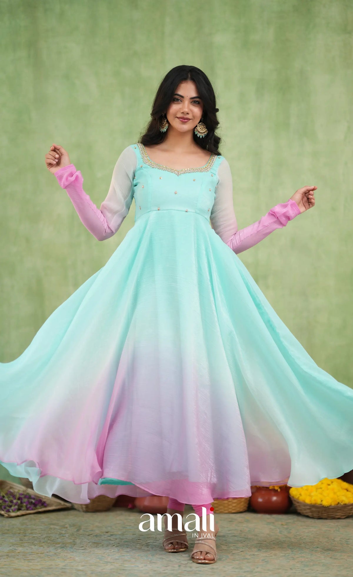 Mayili Crushed Tissue Anarkali with aari - Sea Green to Lilac Pink Ombre - Anarkalis