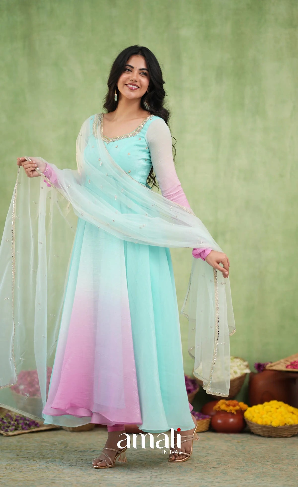 Mayili Crushed Tissue Anarkali with aari - Sea Green to Lilac Pink Ombre - Anarkalis