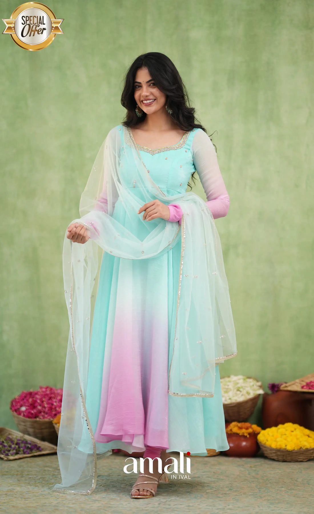 Mayili Crushed Tissue Anarkali with aari - Sea Green to Lilac Pink Ombre - Anarkalis