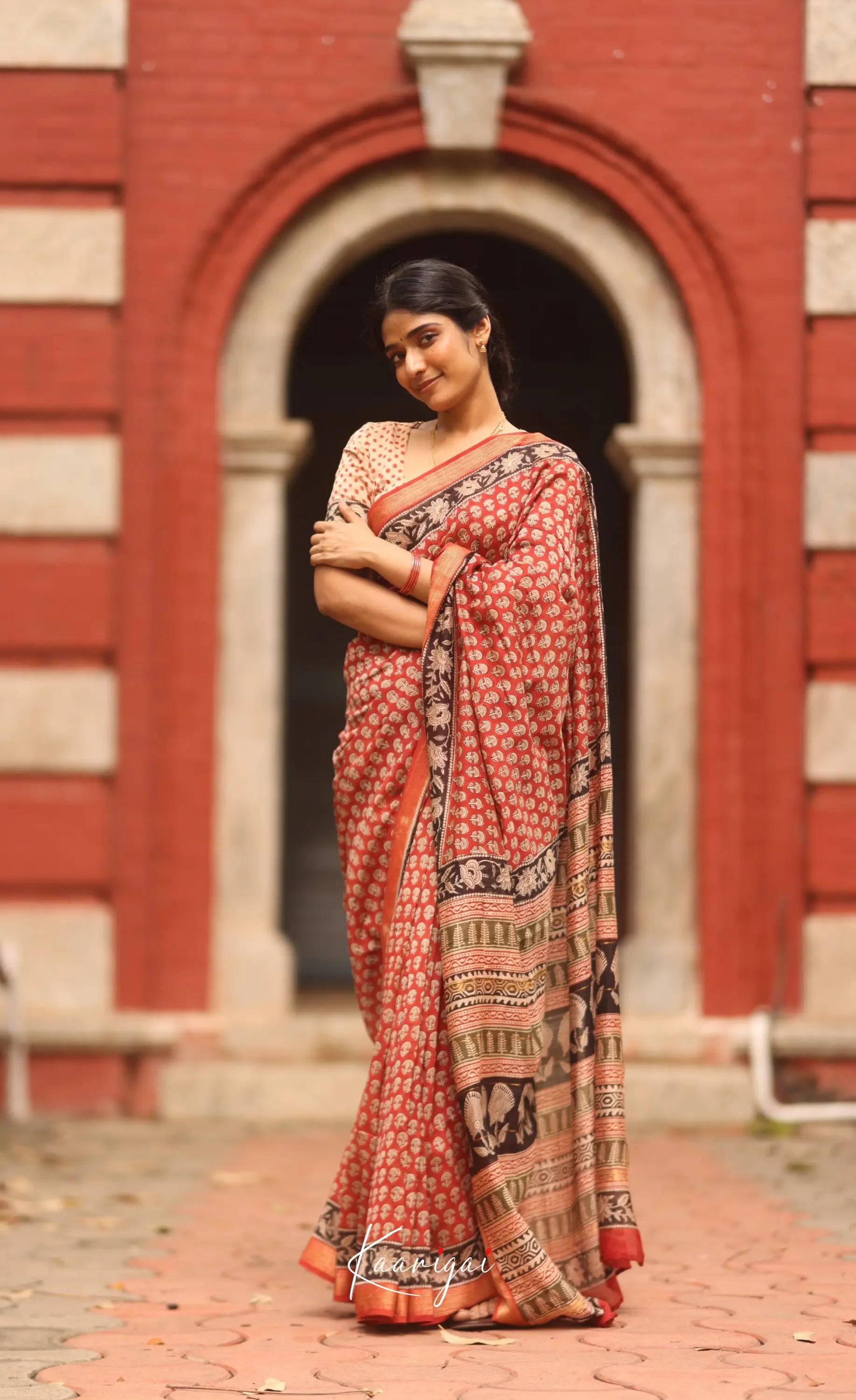 Mayuri Hand Block Printed Maheswari Saree - Reddish Maroon And Black Sarees