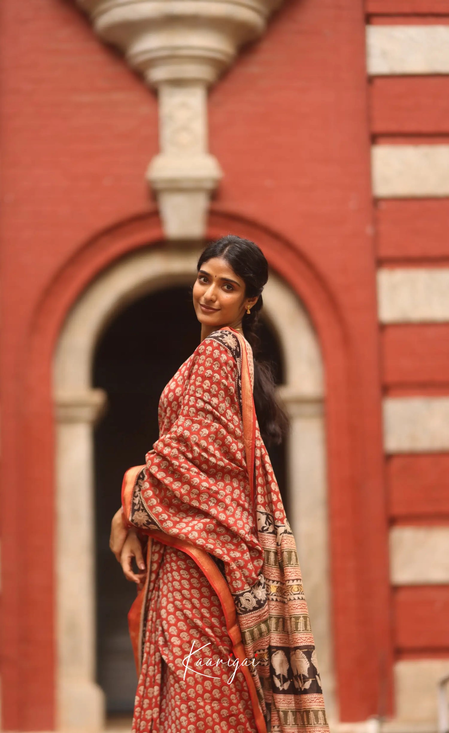 Mayuri Hand Block Printed Maheswari Saree - Reddish Maroon And Black Sarees