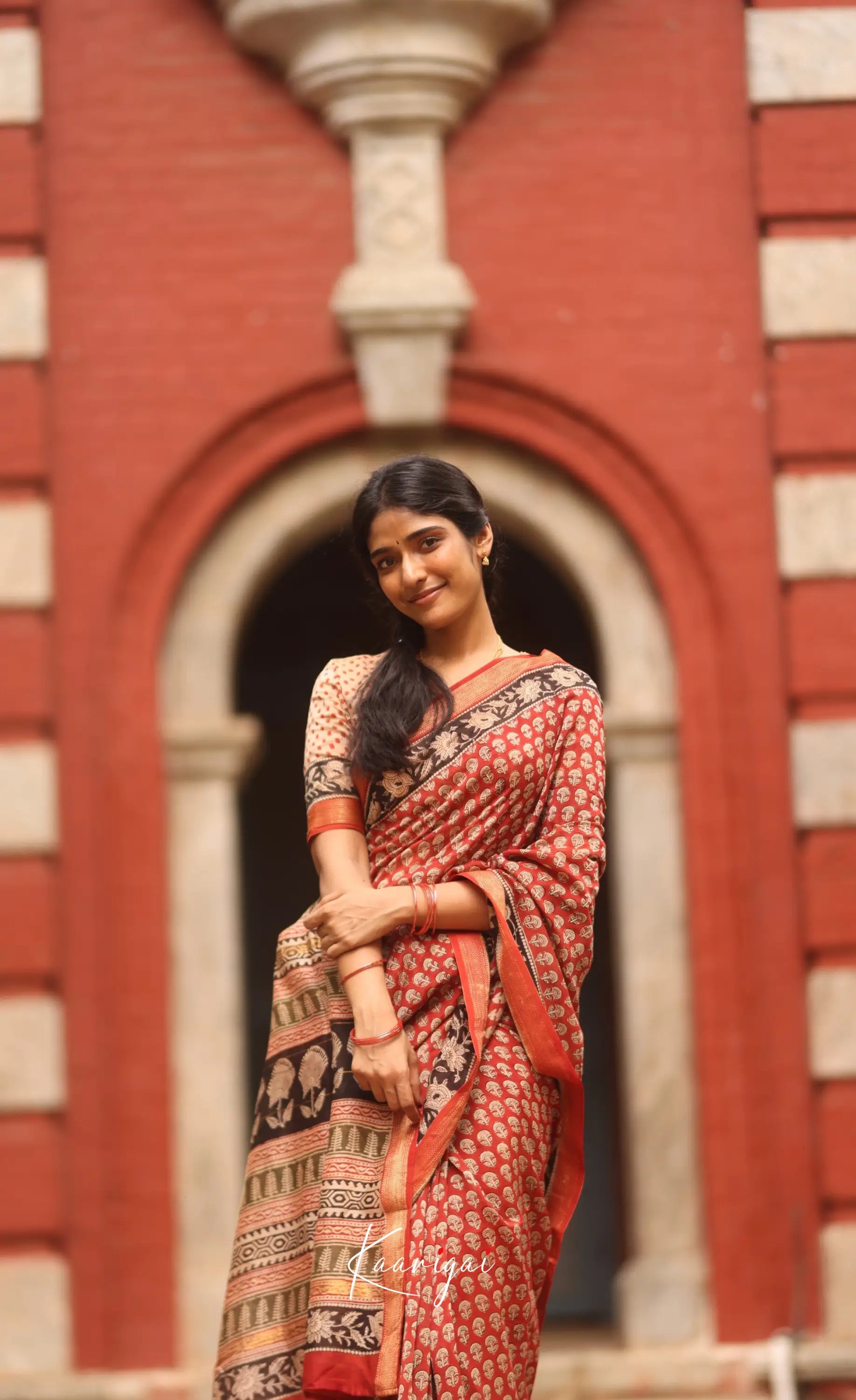 Mayuri Hand Block Printed Maheswari Saree - Reddish Maroon And Black Sarees