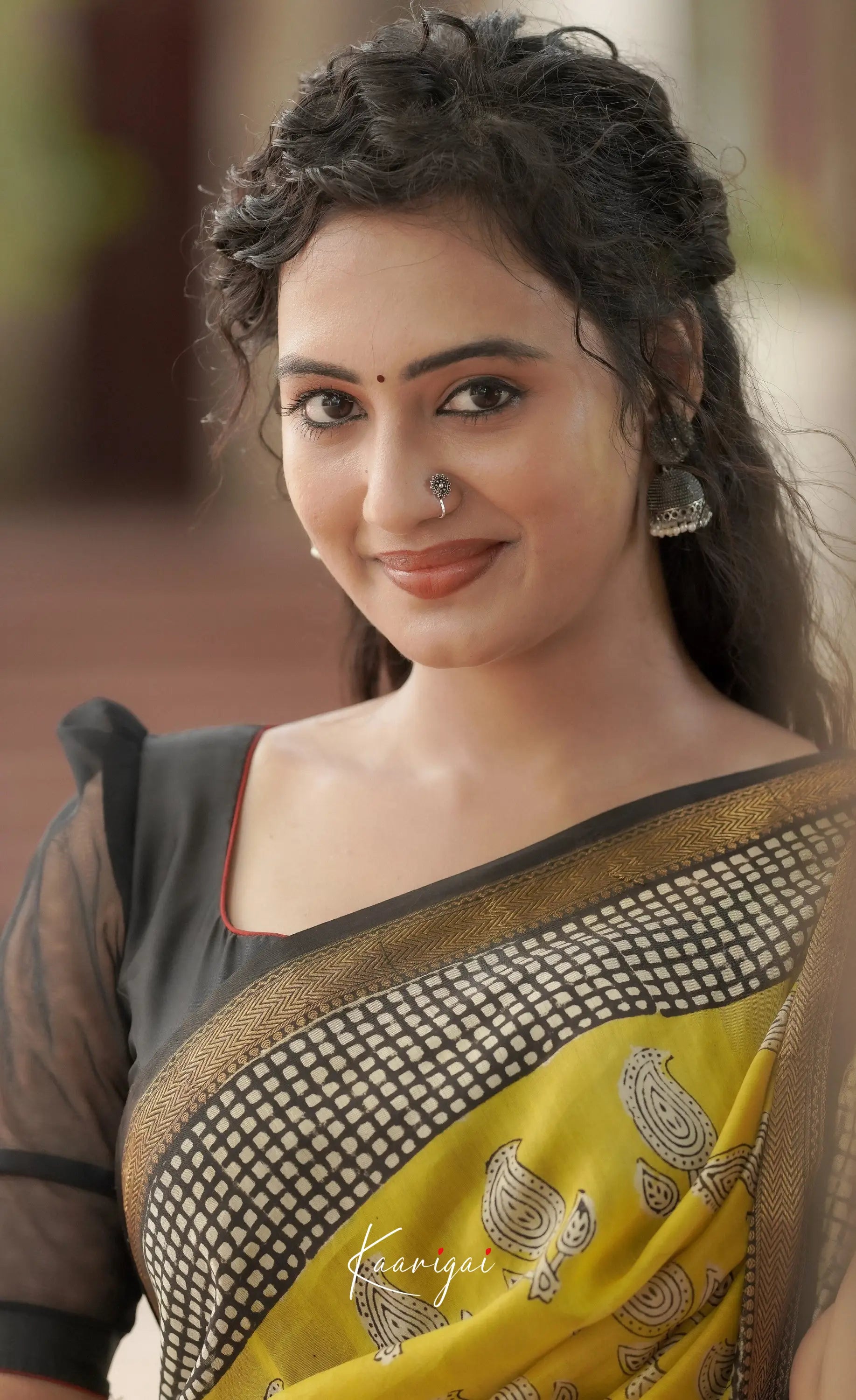 Mayuri Hand Block Printed Maheswari Saree - Yellow And Black Sarees