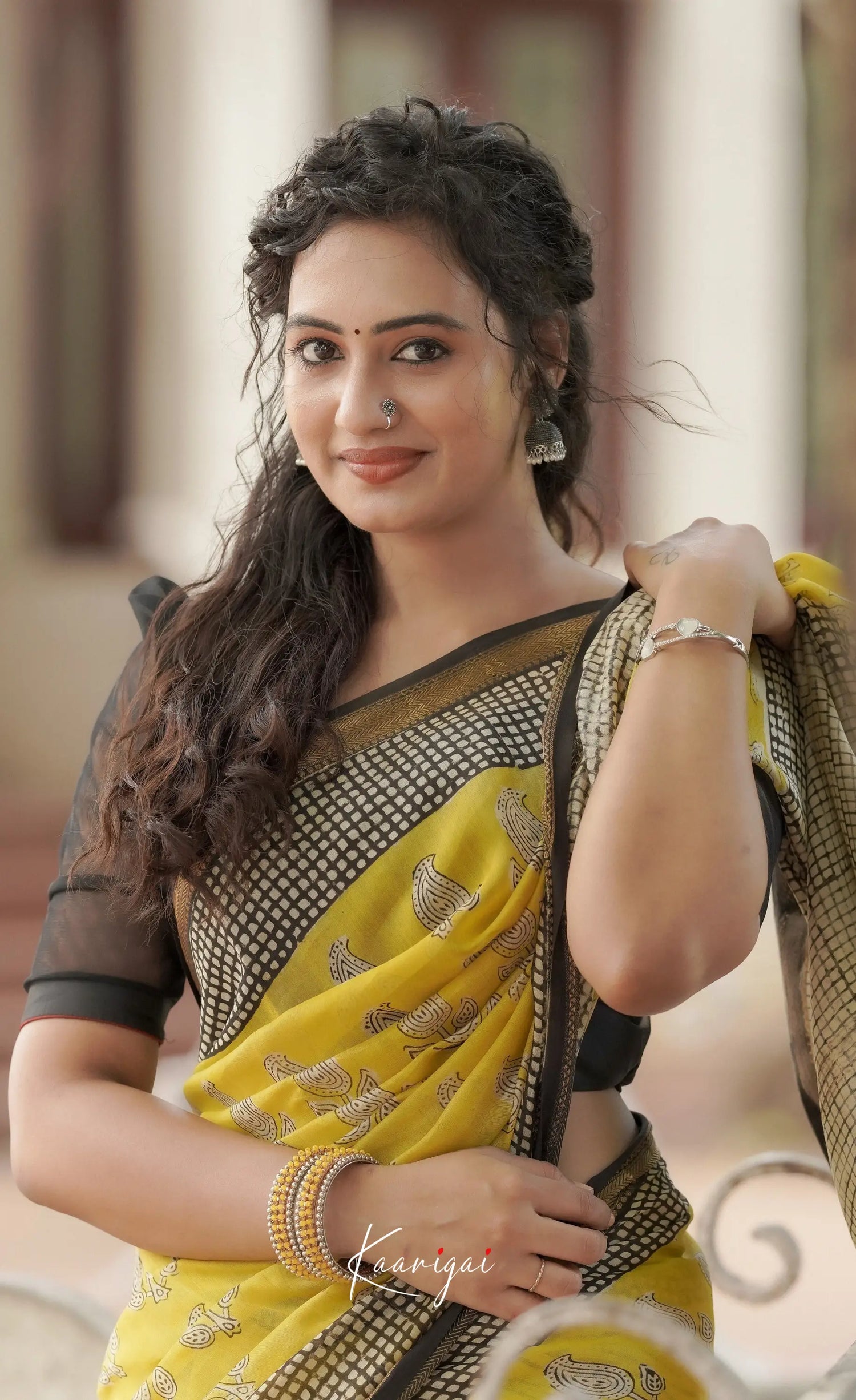 Mayuri Hand Block Printed Maheswari Saree - Yellow And Black Sarees