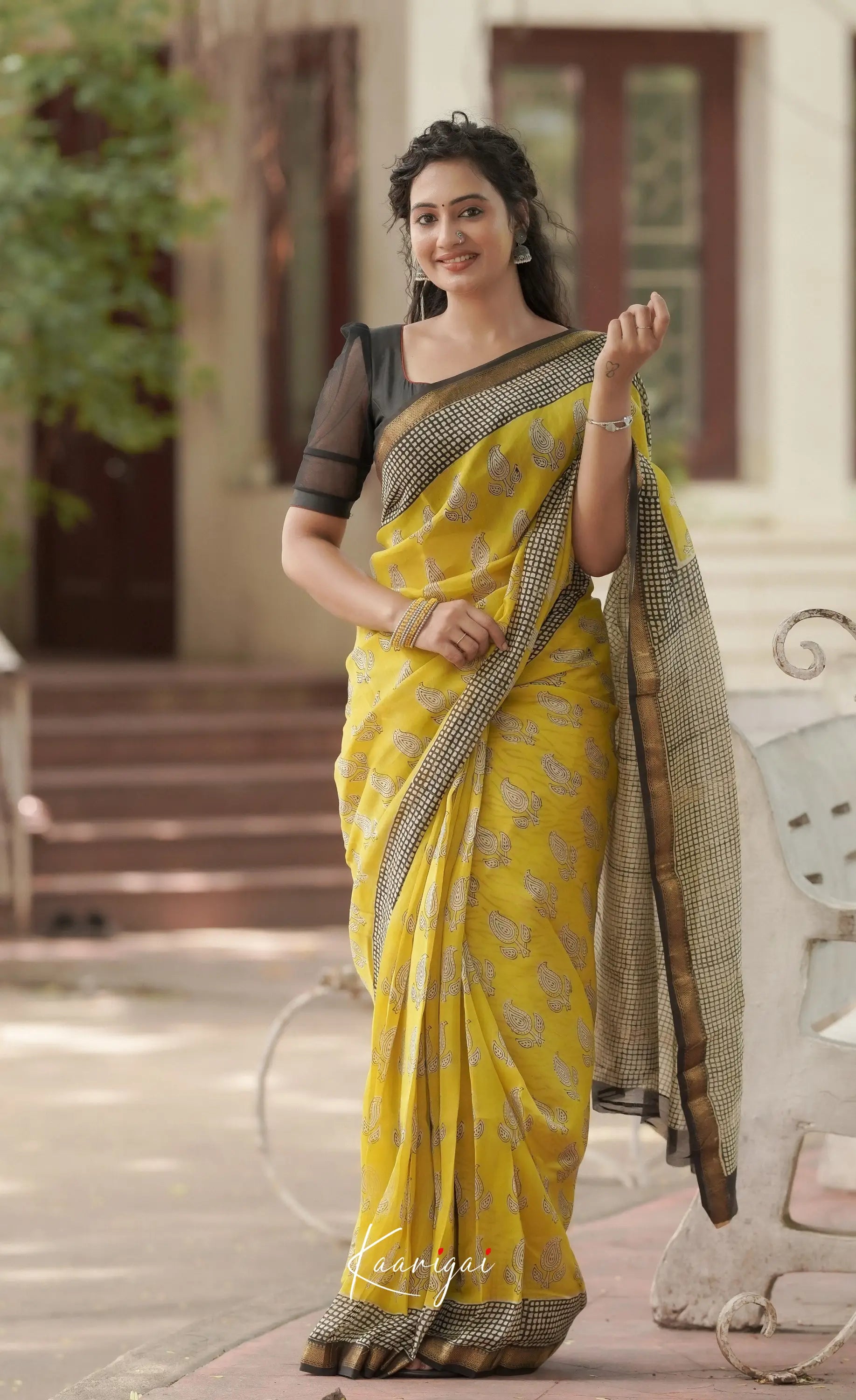 Mayuri Hand Block Printed Maheswari Saree - Yellow And Black Sarees